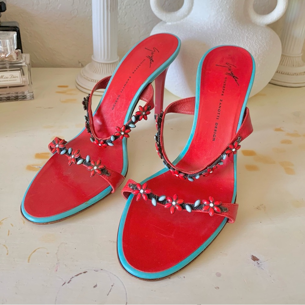 Vintage Giuseppe Zanotti Red and Blue Floral Heels